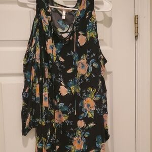 Floral Cold-Shoulder Tank Top in Black and Peach
